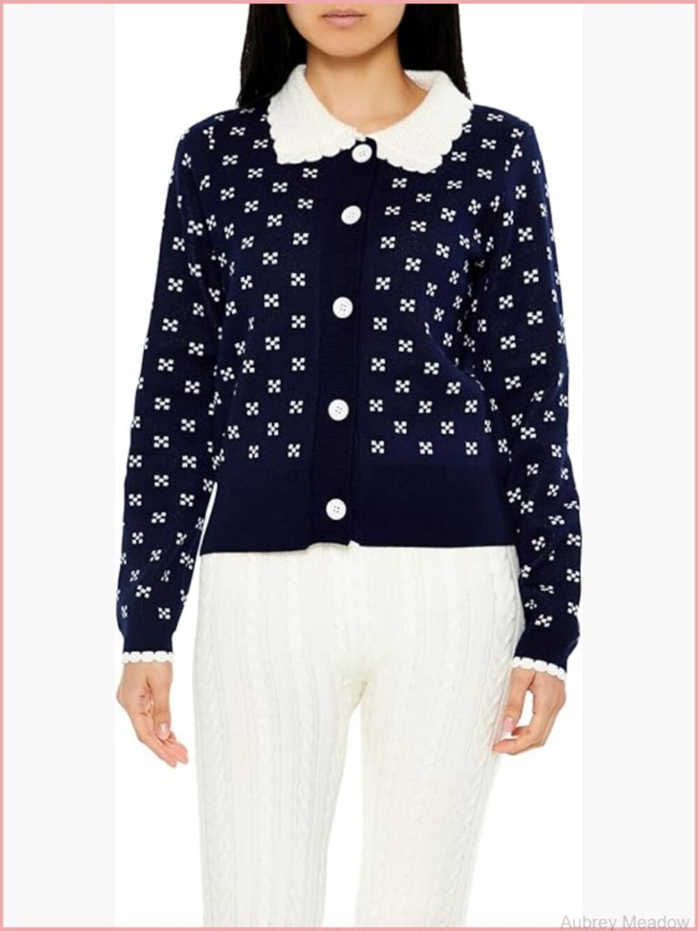 Geometric Cardigan - Scallop Neck, Button Front, Long Sleeve